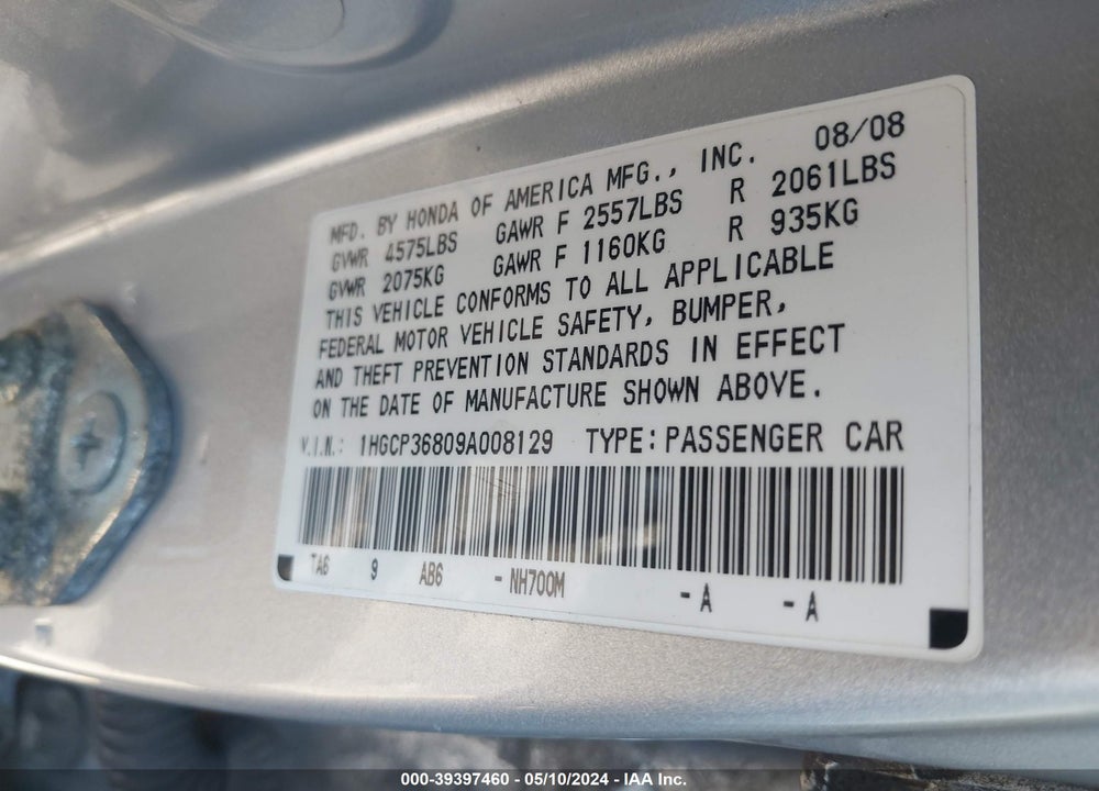 2009 HONDA ACCORD 3.5 EX-L VIN: 1HGCP36809A008129