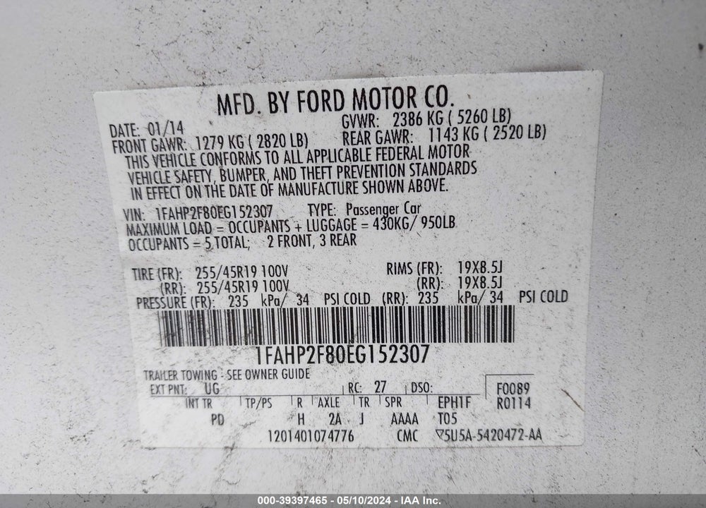 2014 FORD TAURUS LIMITED VIN: 1FAHP2F80EG152307