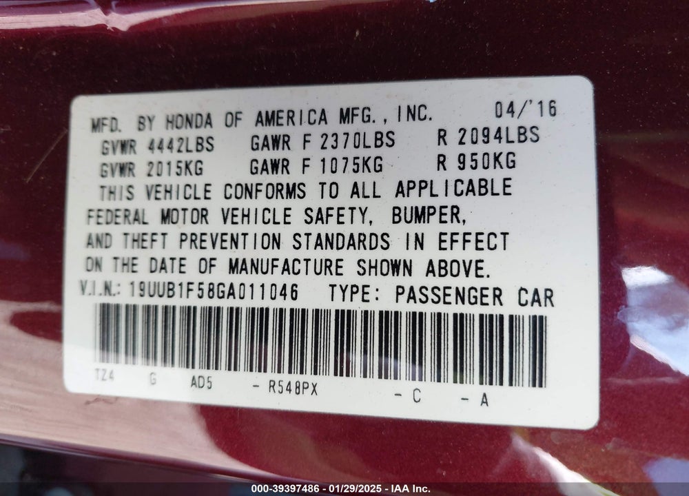 2016 ACURA TLX VIN: 19UUB1F58GA011046