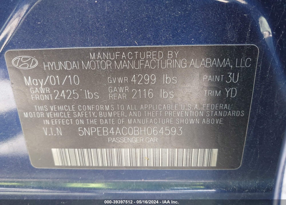 2011 HYUNDAI SONATA GLS VIN: 5NPEB4AC0BH064593