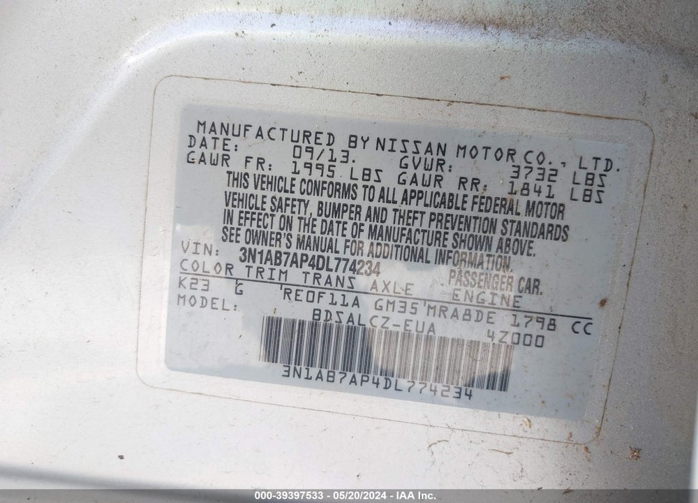 2013 NISSAN SENTRA S VIN: 3N1AB7AP4DL774234