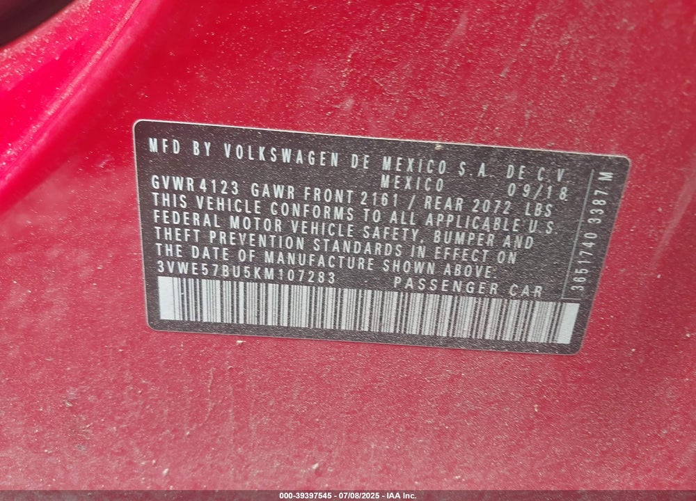 2019 VOLKSWAGEN JETTA VIN: 3VWE57BU5KM107283