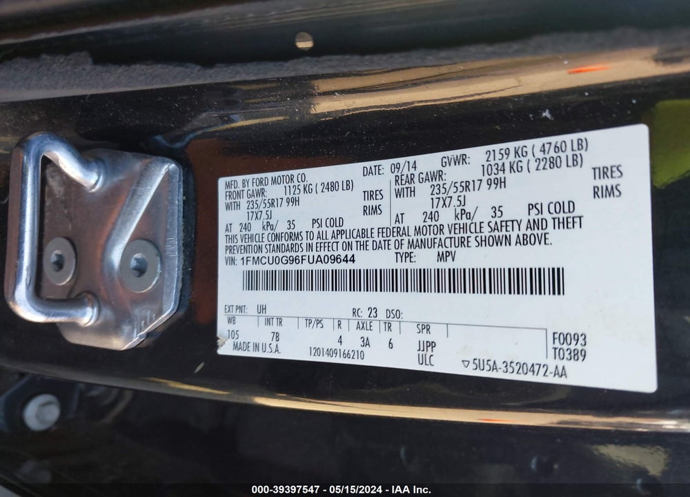 2015 FORD ESCAPE SE VIN: 1FMCU0G96FUA09644
