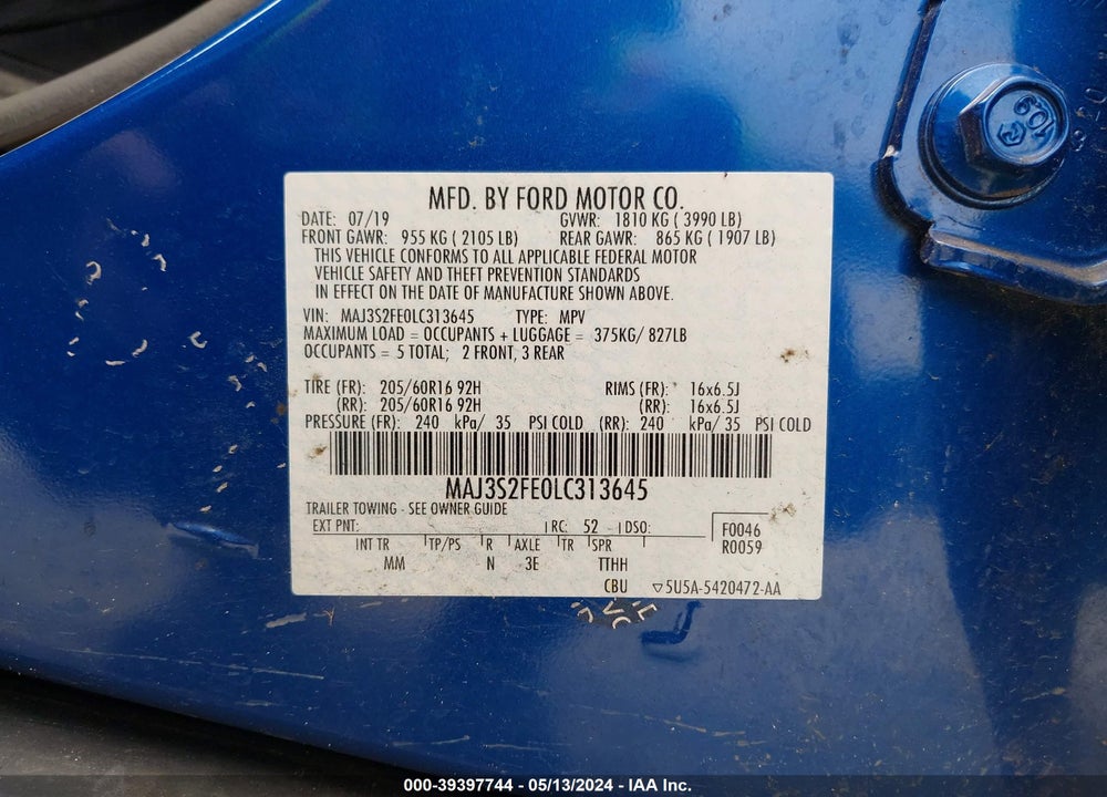 2020 FORD ECOSPORT S VIN: MAJ3S2FE0LC313645