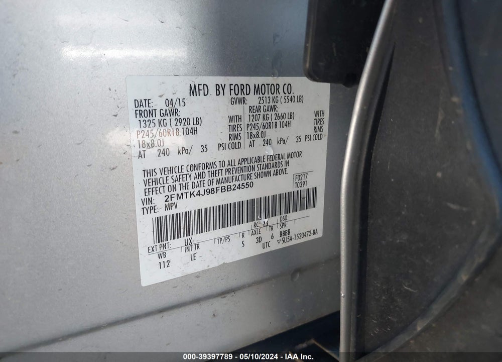 2015 FORD EDGE SEL VIN: 2FMTK4J98FBB24550
