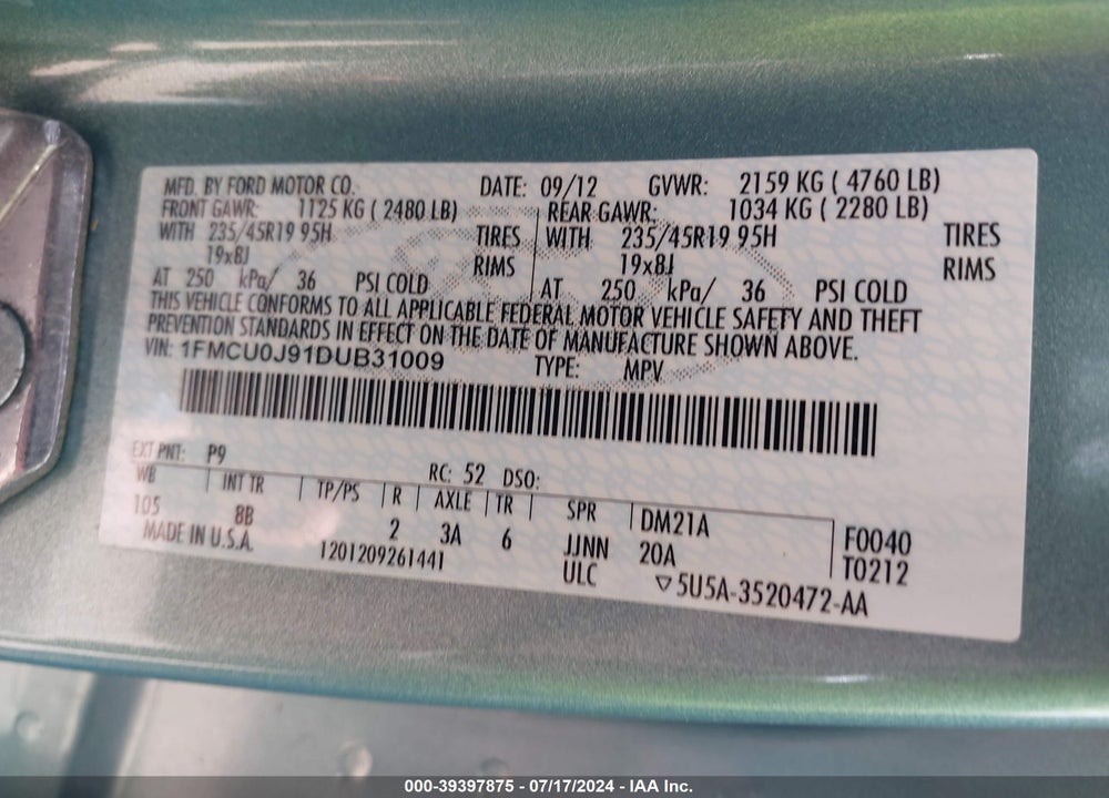 2013 FORD ESCAPE TITANIUM VIN: 1FMCU0J91DUB31009