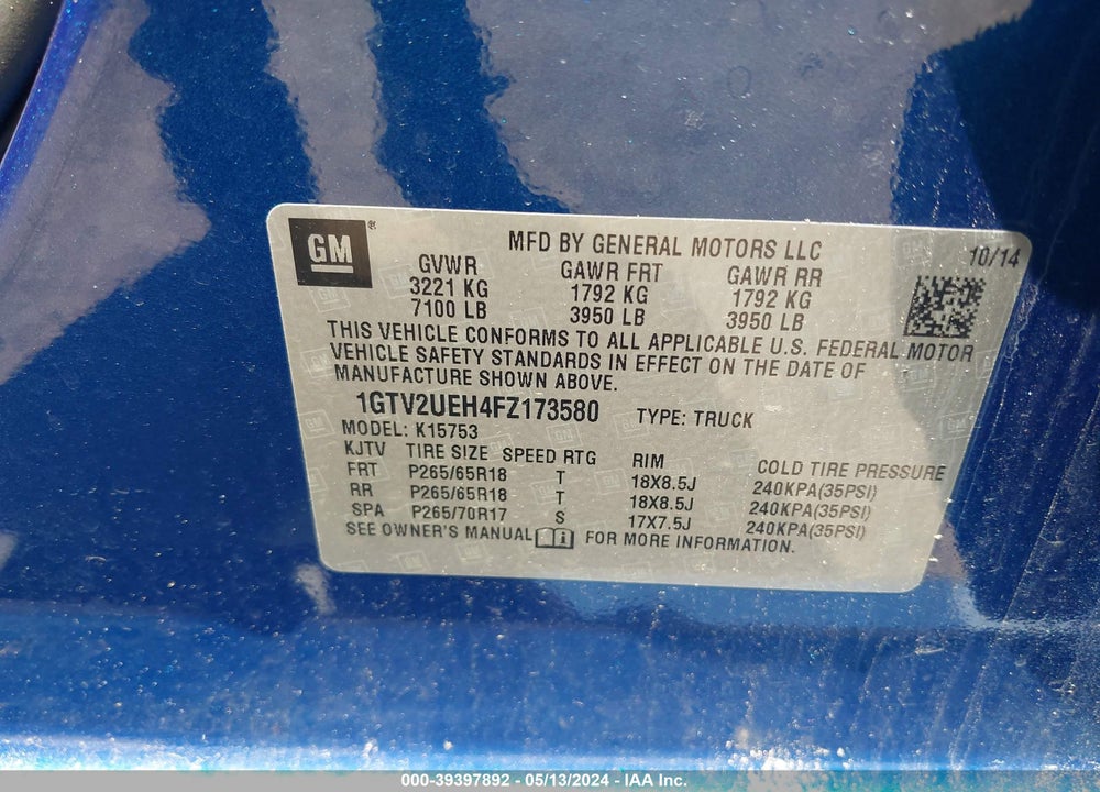 2015 GMC SIERRA 1500 SLE VIN: 1GTV2UEH4FZ173580