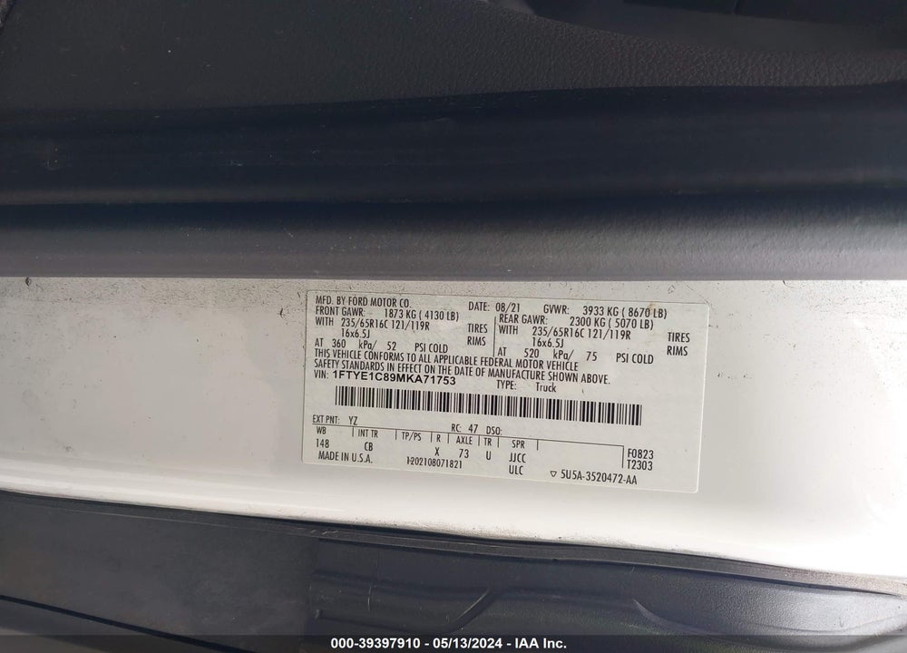 2021 FORD TRANSIT-150 VIN: 1FTYE1C89MKA71753