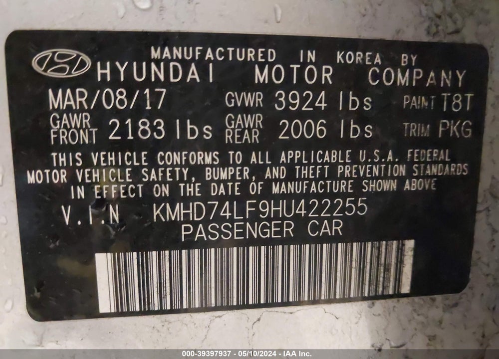 2017 HYUNDAI ELANTRA SE VIN: KMHD74LF9HU422255
