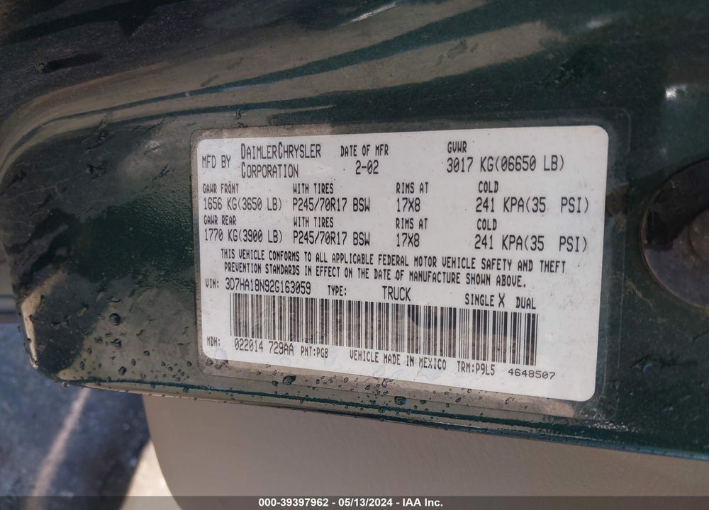 2002 DODGE RAM 1500 ST VIN: 3D7HA18N92G163059
