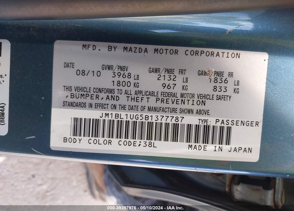 2011 MAZDA 3 VIN: JM1BL1UG5B1377787