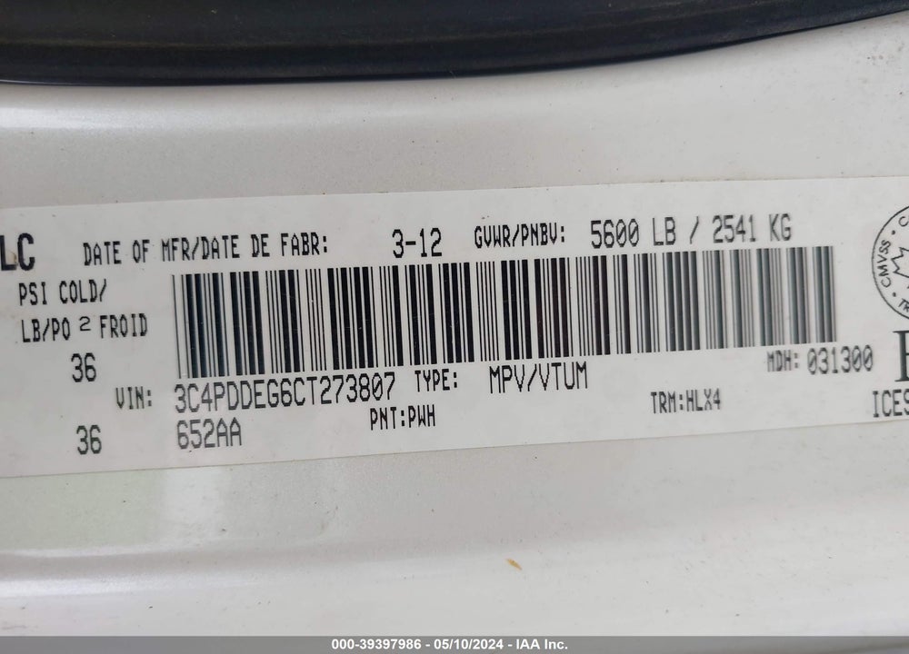 2012 DODGE JOURNEY R/T RALLYE VIN: 3C4PDDEG6CT273807