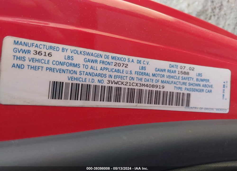 2003 VOLKSWAGEN NEW BEETLE GLS 2.0L VIN: 3VWCK21CX3M408919