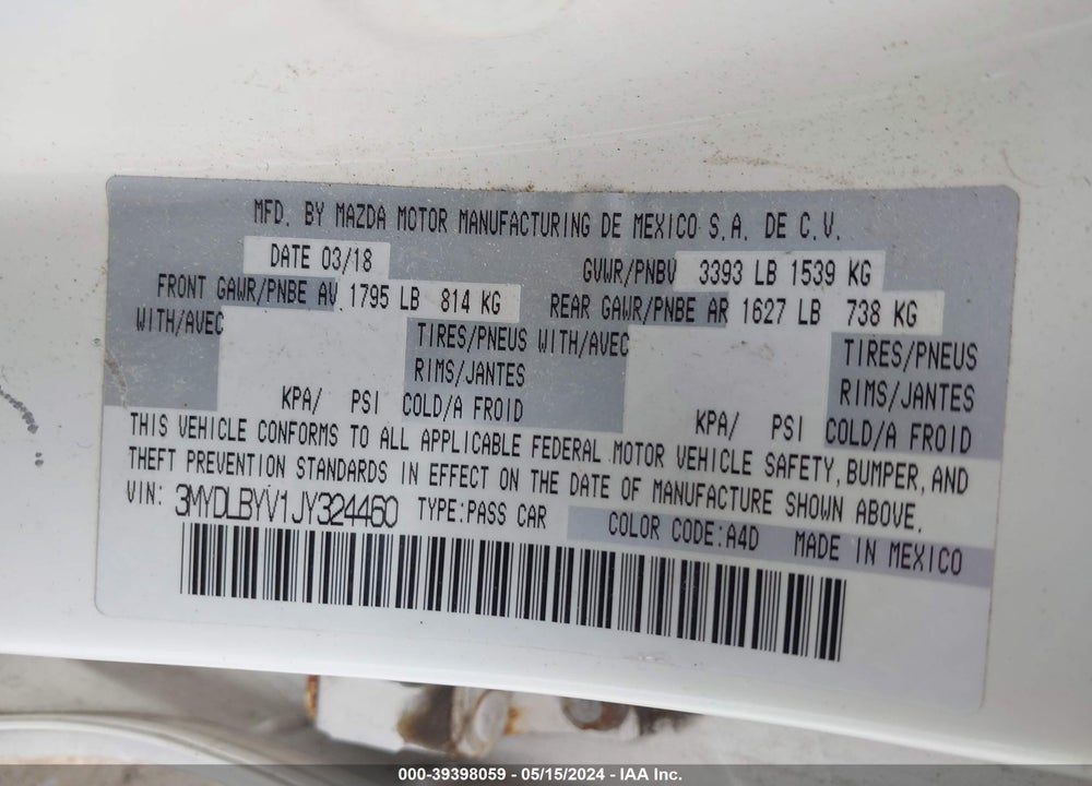 2018 TOYOTA YARIS IA VIN: 3MYDLBYV1JY324460