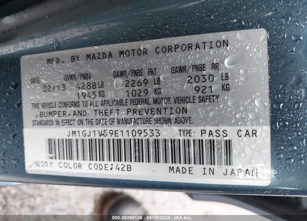 2014 MAZDA 6 I TOURING VIN: JM1GJ1V59E1109533