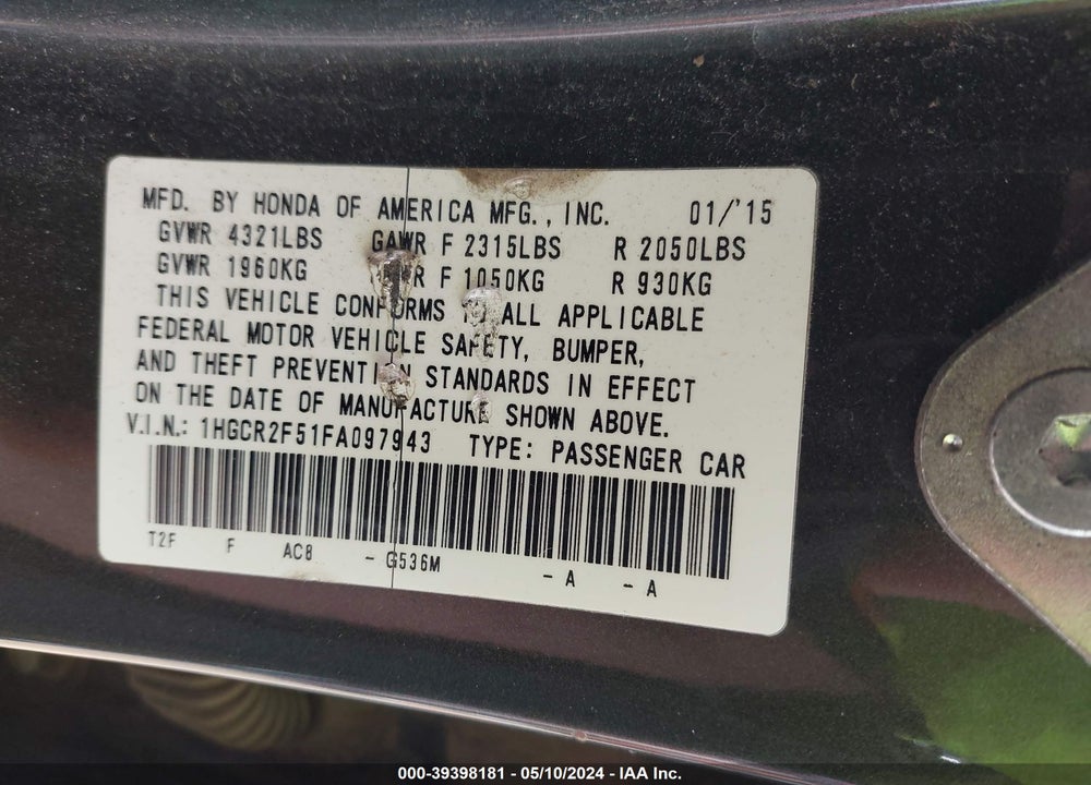 2015 HONDA ACCORD SPORT VIN: 1HGCR2F51FA097943