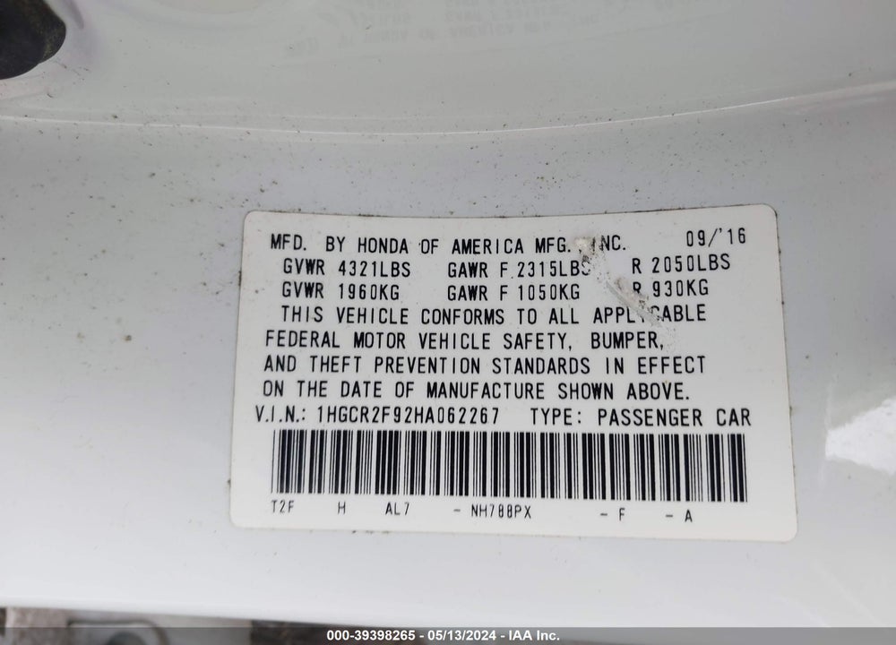 2017 HONDA ACCORD EX-L VIN: 1HGCR2F92HA062267