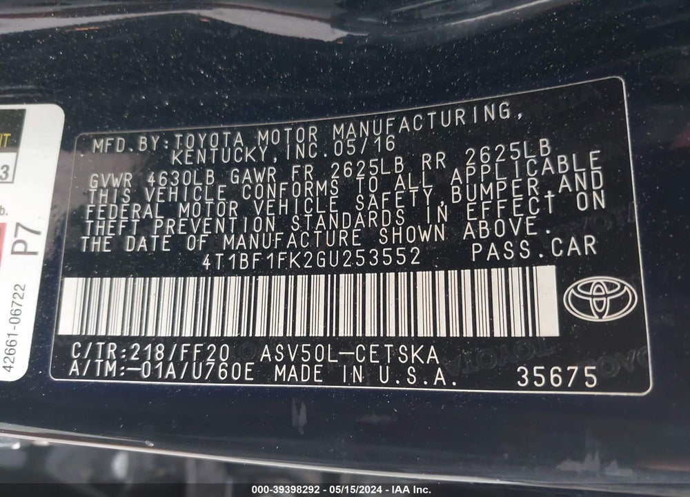 2016 TOYOTA CAMRY SE VIN: 4T1BF1FK2GU253552