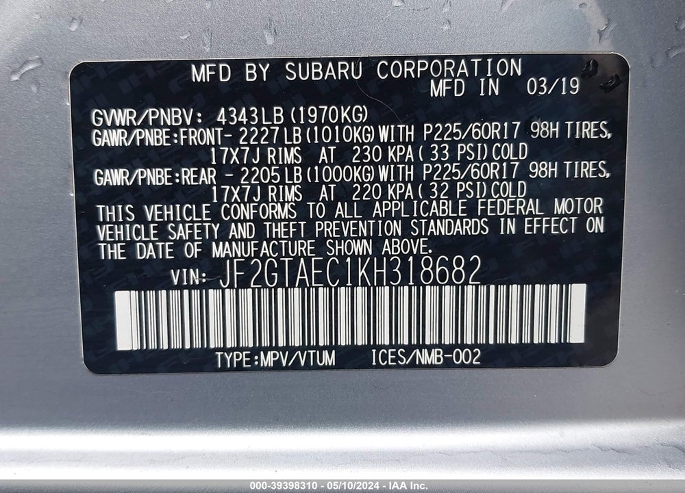 2019 SUBARU CROSSTREK 2.0I PREMIUM VIN: JF2GTAEC1KH318682