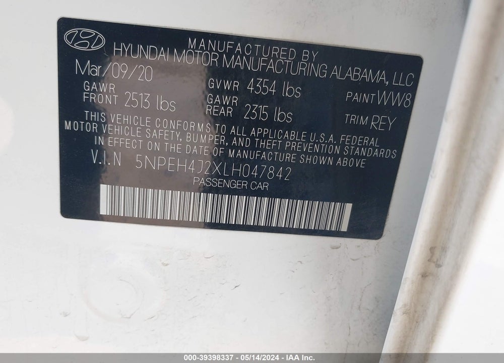 2020 HYUNDAI SONATA LIMITED VIN: 5NPEH4J2XLH047842