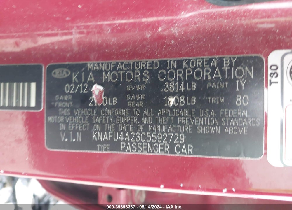 2012 KIA FORTE EX VIN: KNAFU4A23C5592729
