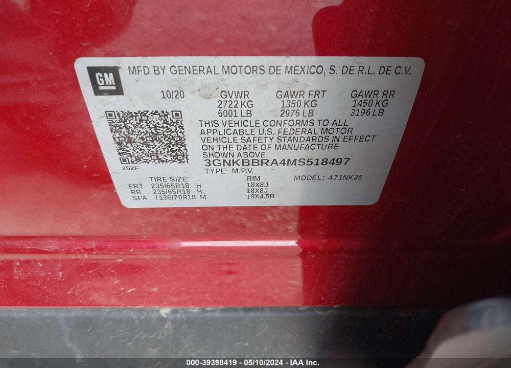 2021 CHEVROLET BLAZER FWD 1LT VIN: 3GNKBBRA4MS518497