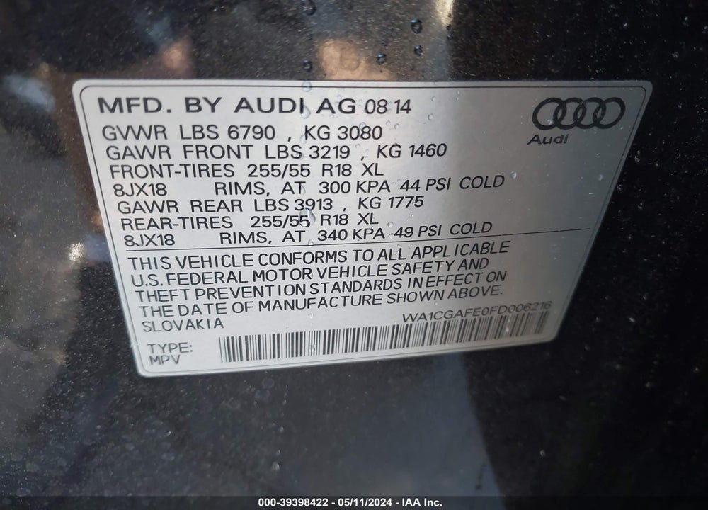 2015 AUDI Q7 3.0T PREMIUM VIN: WA1CGAFE0FD006216