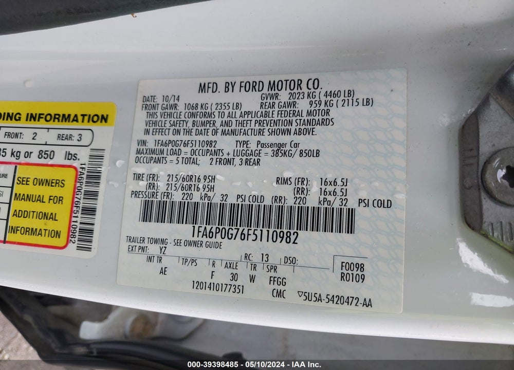 2015 FORD FUSION S VIN: 1FA6P0G76F5110982