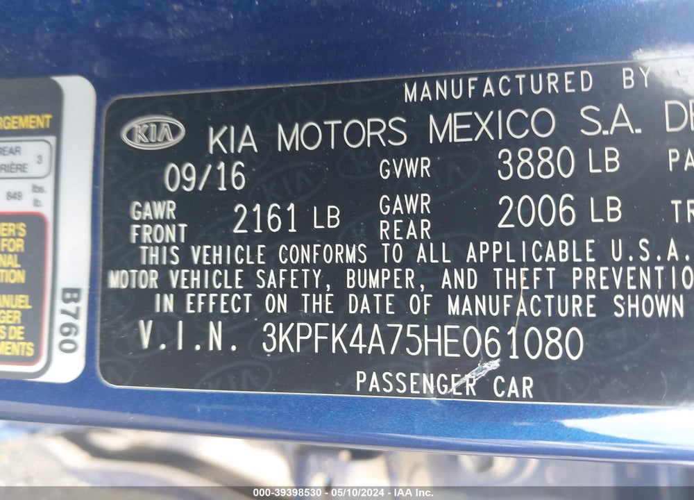 2017 KIA FORTE LX VIN: 3KPFK4A75HE061080