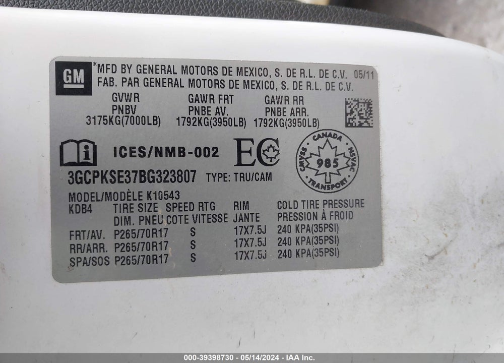 2011 CHEVROLET SILVERADO 1500 LT VIN: 3GCPKSE37BG323807