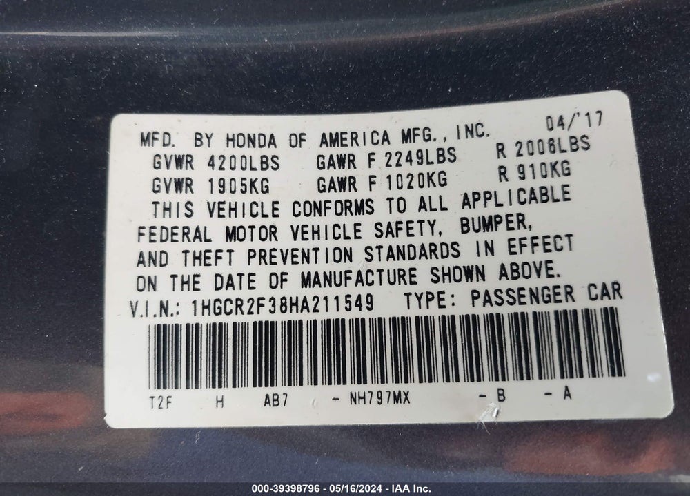 2017 HONDA ACCORD LX VIN: 1HGCR2F38HA211549