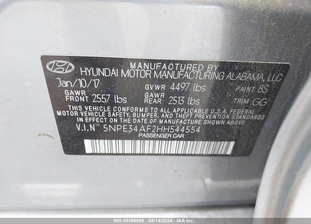 2017 HYUNDAI SONATA VIN: 5NPE34AF2HH544554