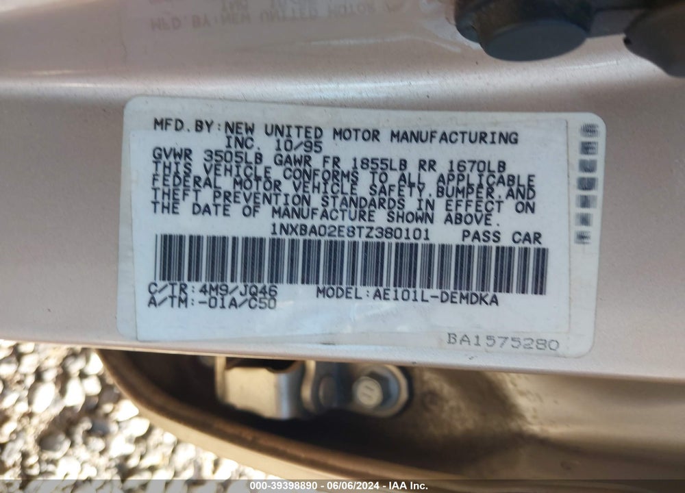 1996 TOYOTA COROLLA VIN: 1NXBA02E8TZ380101