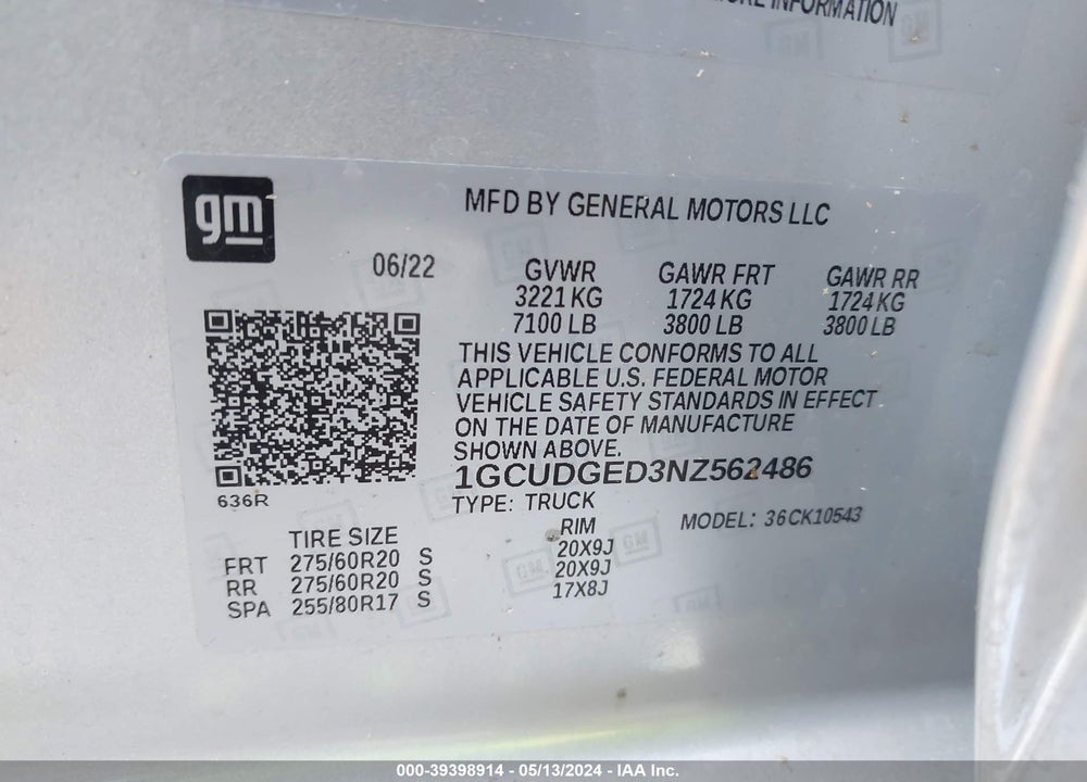 2022 CHEVROLET SILVERADO 1500 4WD SHORT BED LTZ VIN: 1GCUDGED3NZ562486