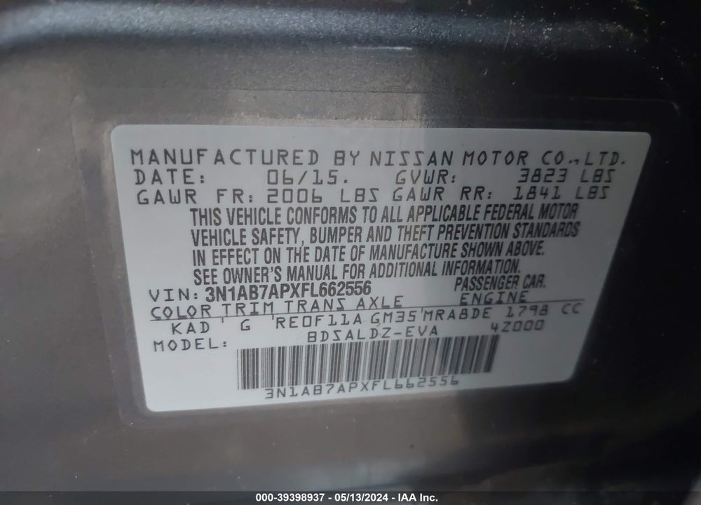 2015 NISSAN SENTRA FE+ S/S/SL/SR/SV VIN: 3N1AB7APXFL662556