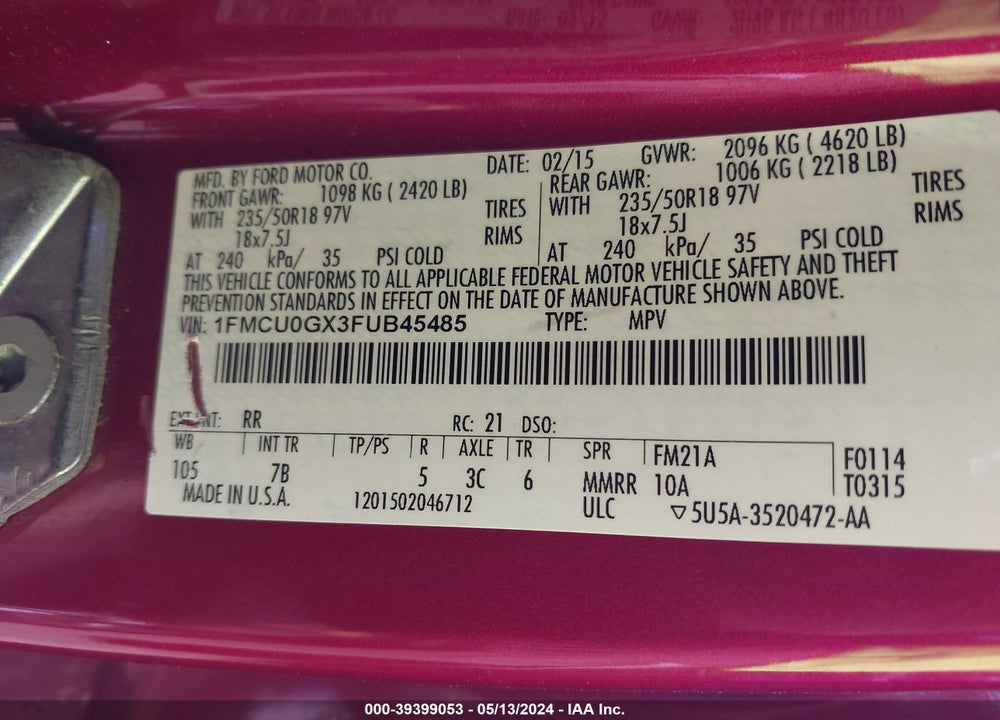2015 FORD ESCAPE SE VIN: 1FMCU0GX3FUB45485