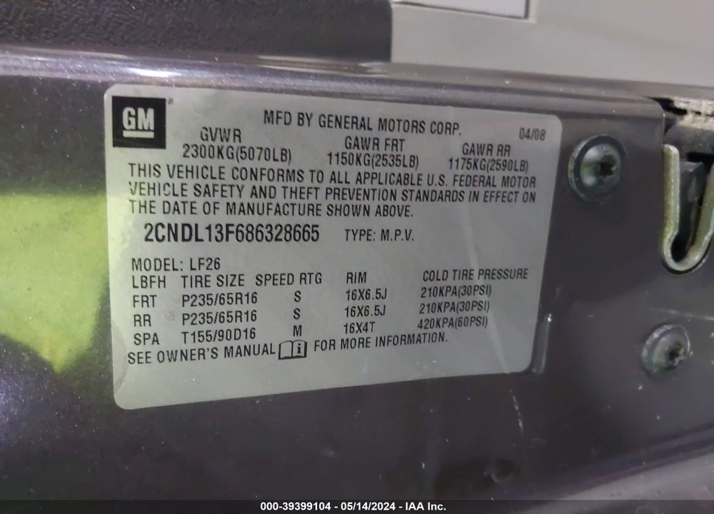 2008 CHEVROLET EQUINOX LS VIN: 2CNDL13F686328665