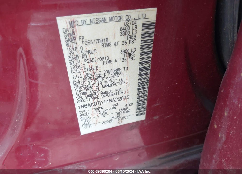 2004 NISSAN TITAN LE VIN: 1N6AA07A14N522612