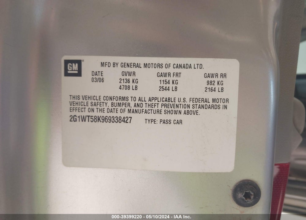 2006 CHEVROLET IMPALA LT VIN: 2G1WT58K969338427