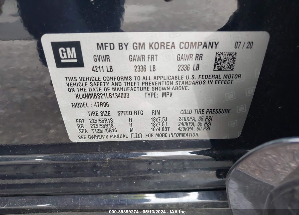 2020 BUICK ENCORE GX FWD PREFERRED VIN: KL4MMBS21LB134003