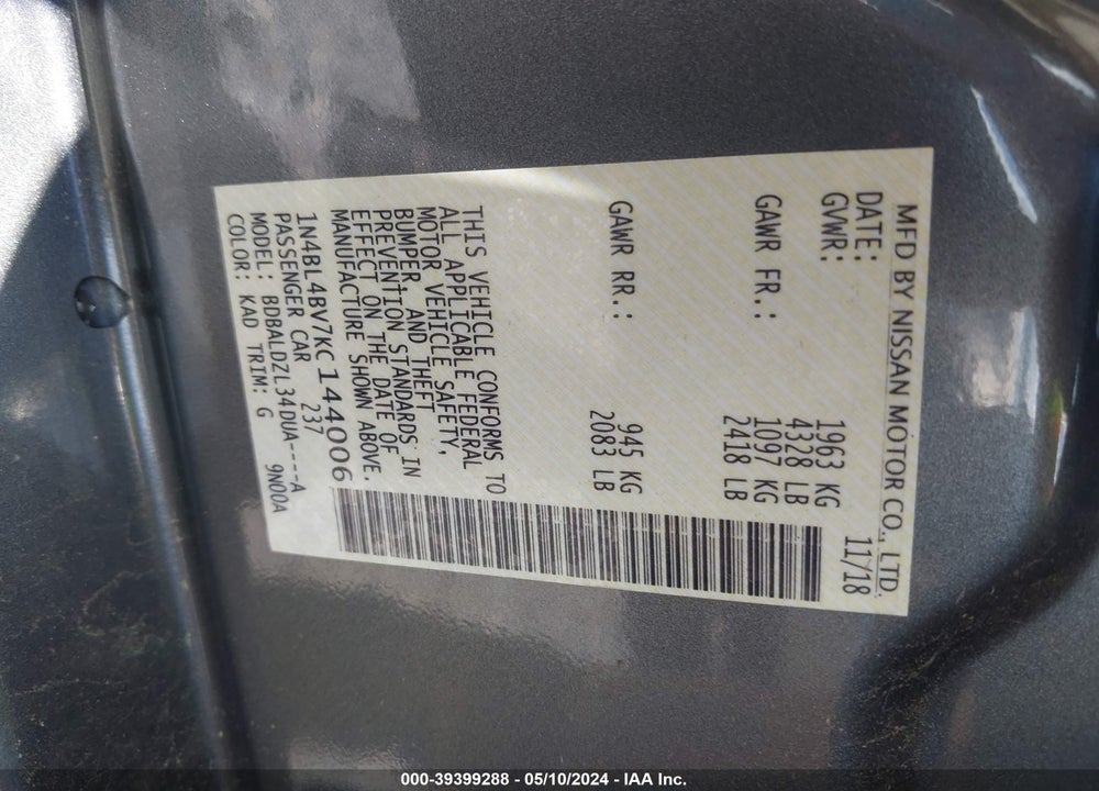 2019 NISSAN ALTIMA 2.5 S VIN: 1N4BL4BV7KC144006