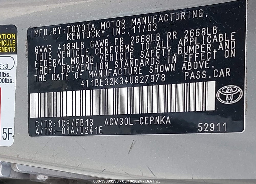 2004 TOYOTA CAMRY LE VIN: 4T1BE32K34U827978