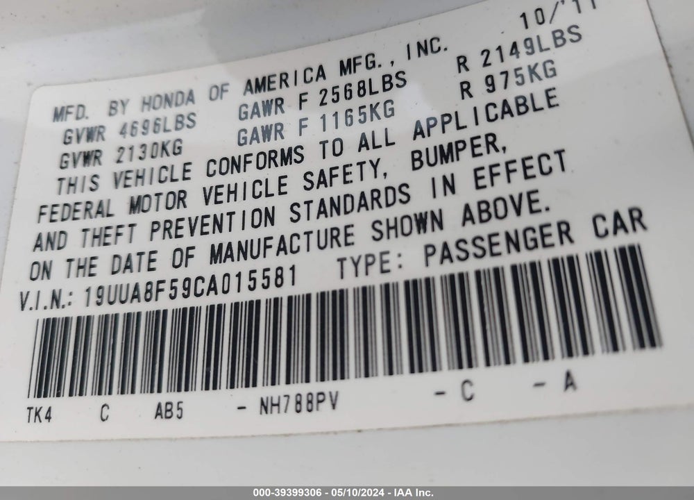 2012 ACURA TL 3.5 VIN: 19UUA8F59CA015581
