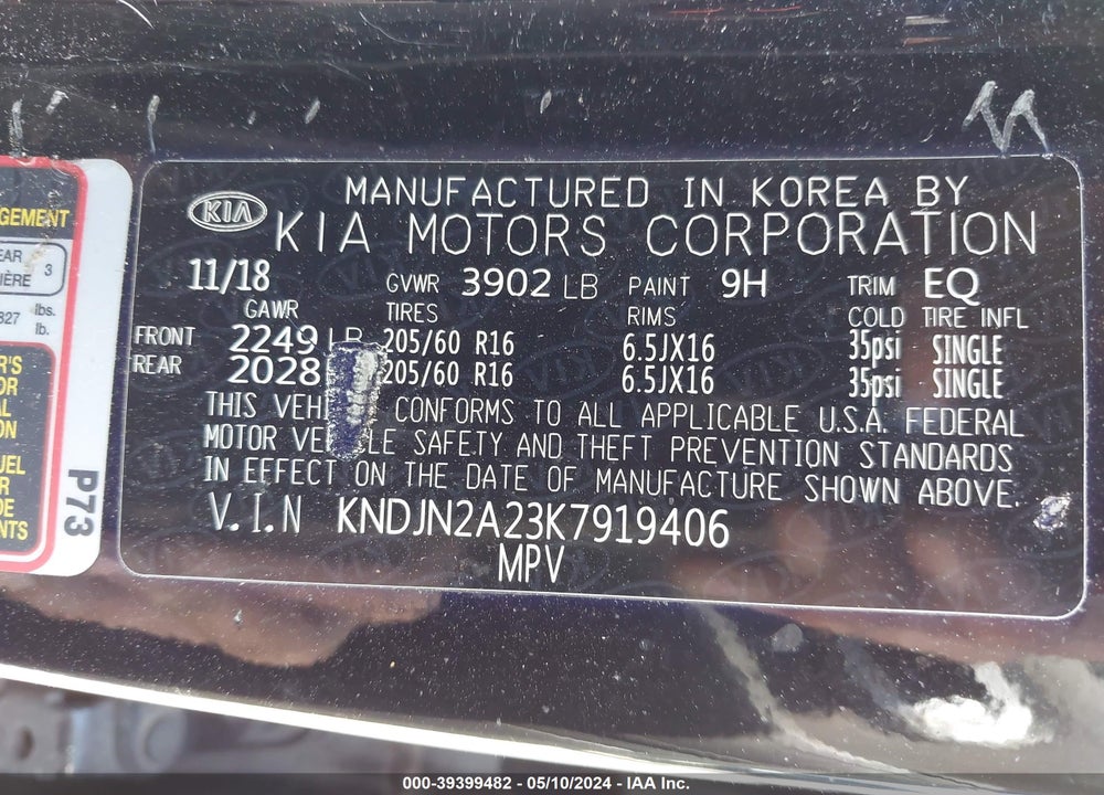 2019 KIA SOUL VIN: KNDJN2A23K7919406
