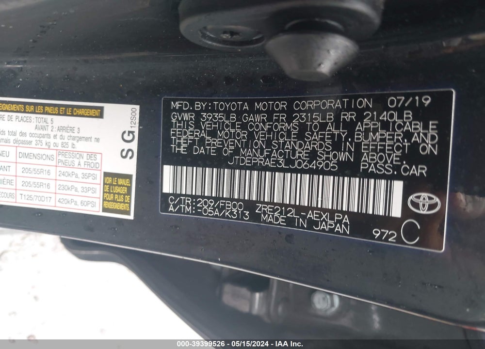 2020 TOYOTA COROLLA LE VIN: JTDEPRAE3LJ064905