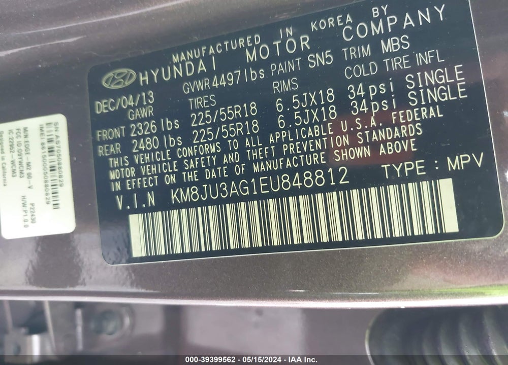 2014 HYUNDAI TUCSON LIMITED VIN: KM8JU3AG1EU848812