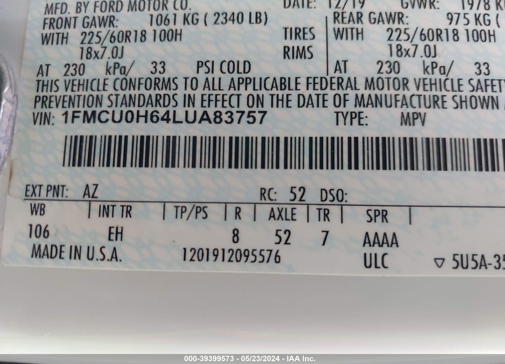 2020 FORD ESCAPE SEL VIN: 1FMCU0H64LUA83757