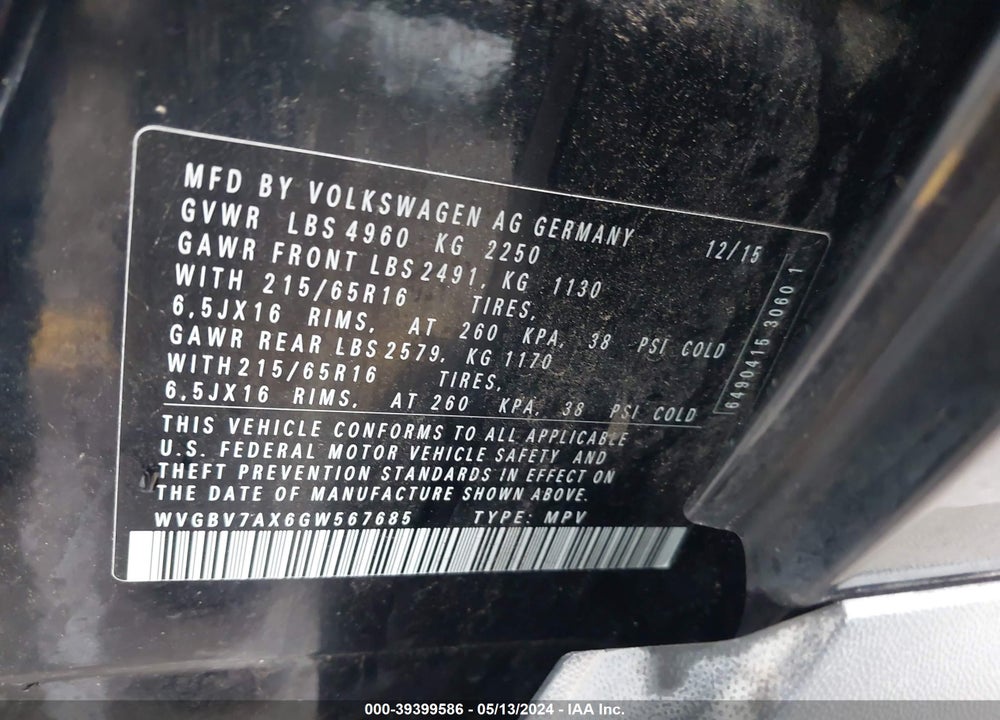 2016 VOLKSWAGEN TIGUAN S VIN: WVGBV7AX6GW567685