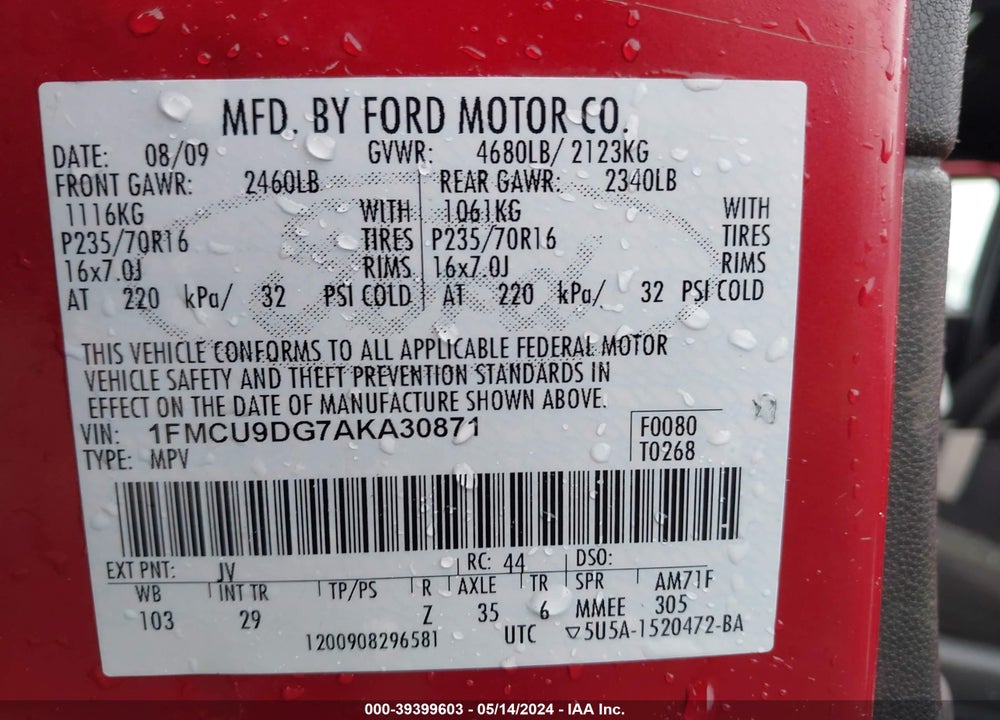 2010 FORD ESCAPE XLT VIN: 1FMCU9DG7AKA30871