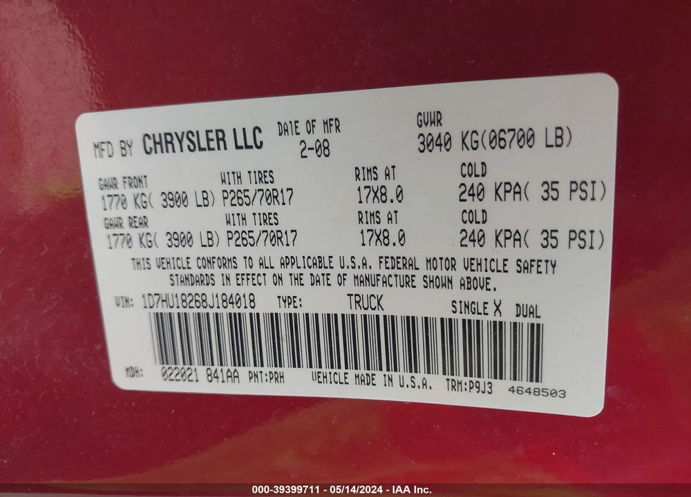 2008 DODGE RAM 1500 ST/SXT VIN: 1D7HU18268J184018